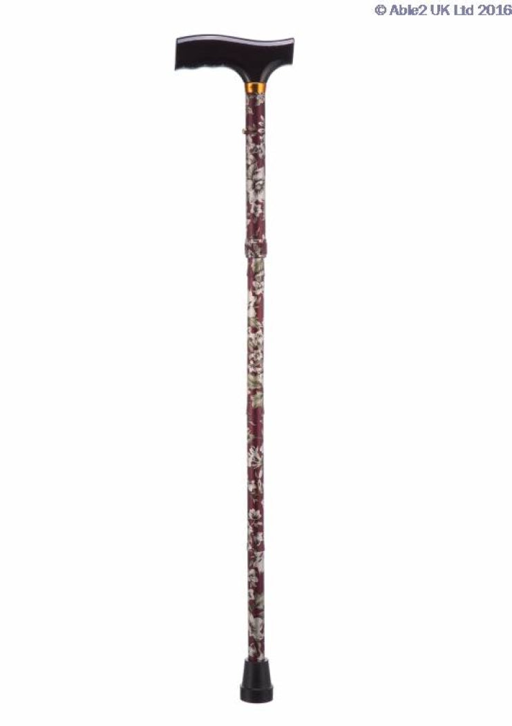 Burgundy flower pattern folding adjustable walking stick (image 7)