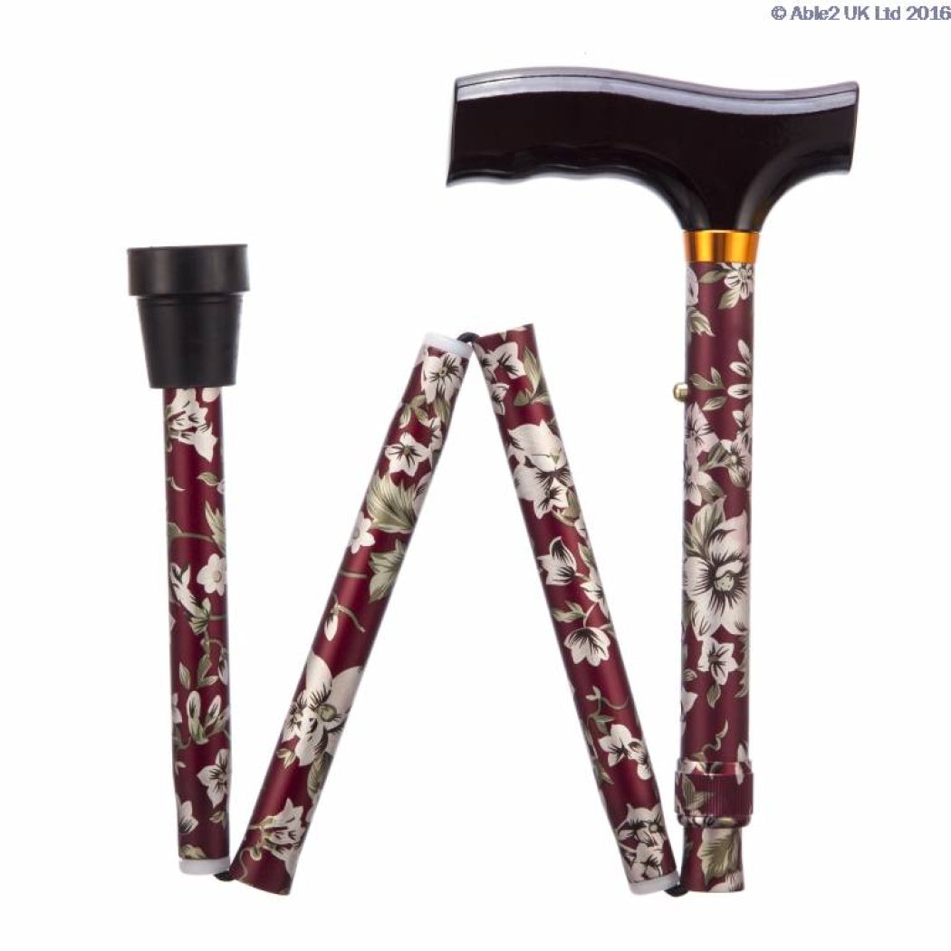 Burgundy flower pattern folding adjustable walking stick