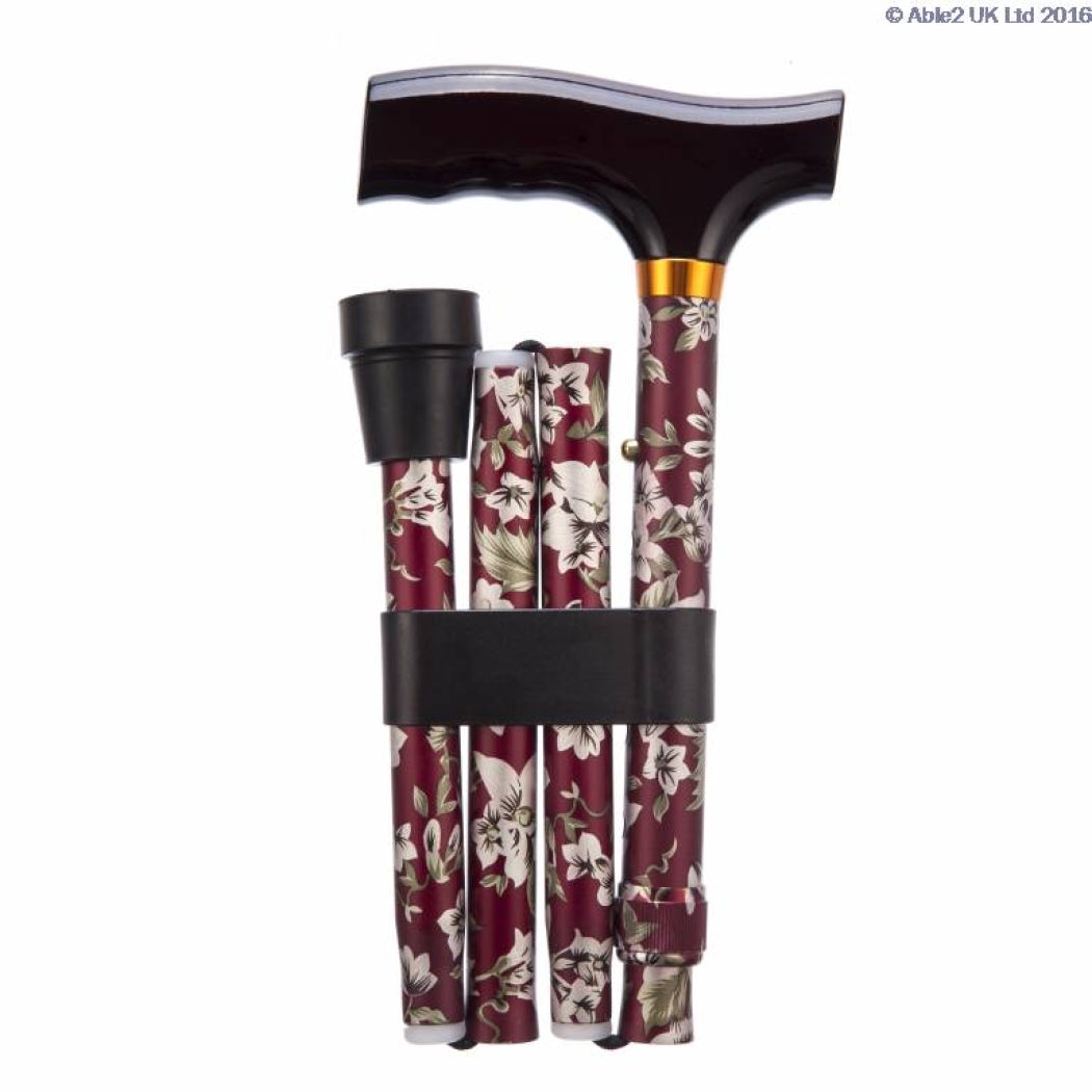 Burgundy flower pattern folding adjustable walking stick (image 2)