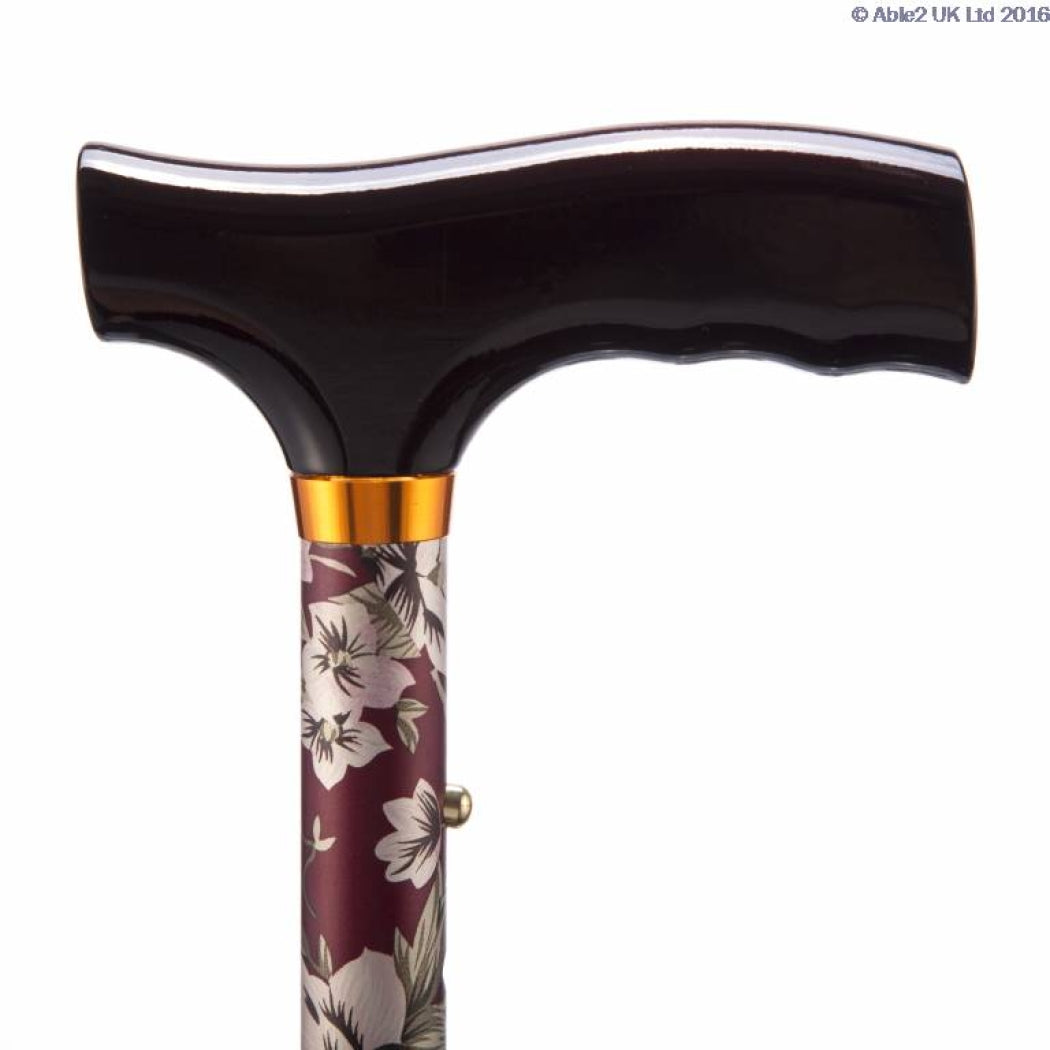 Burgundy flower pattern folding adjustable walking stick (image 4)