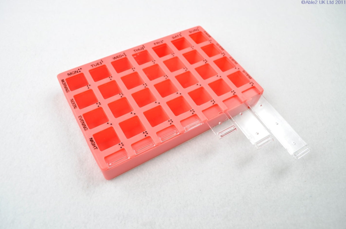 Weekly multi-dose pill organiser with labelled compartments