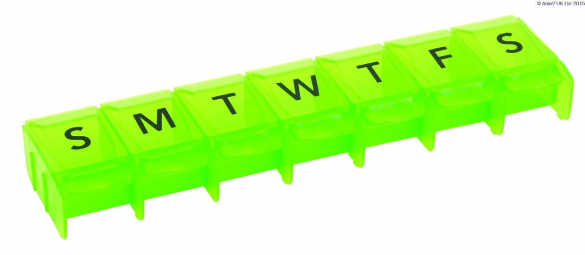 Seven-day push-to-open pill organiser