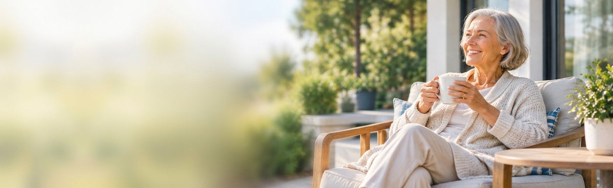 Smiling older woman relaxing with a cup of tea on a sunny patio